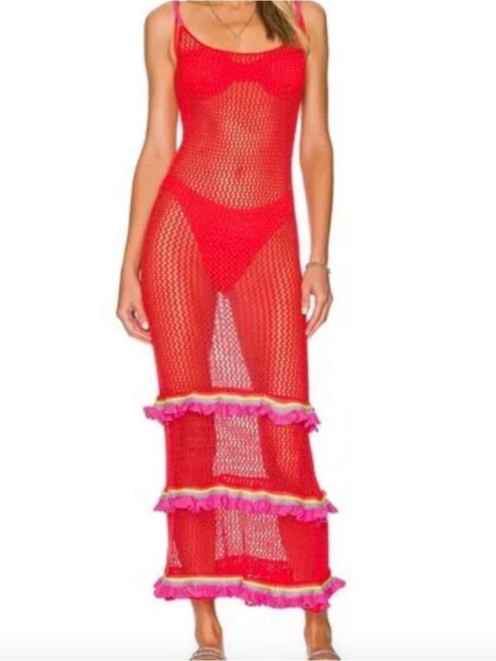 Pitusa Red Mesh Maxi Swim Cover-Up with Ruffle Tiers